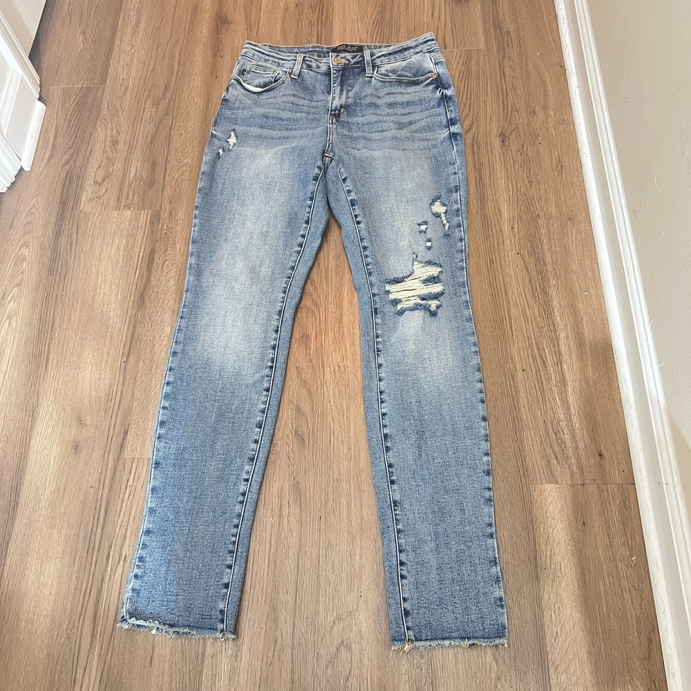 Judy Blue Boyfriend Jeans 9/29 Distressed Medium Wash Raw Hem Stretch Denim